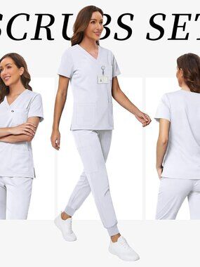 VIAOLI Women's White Scrub Set V-Neck Top Jogger Pants XL